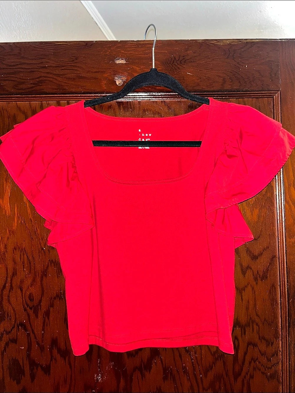 a new day Red Ruffle Flutter Sleeve Square Neck Top Red Small